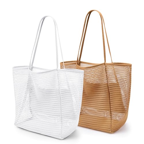KALIDI Beach Mesh Tote Bag, Casual MAX 23L Summer Foldable Hobo Bag Women - color: White Khaki