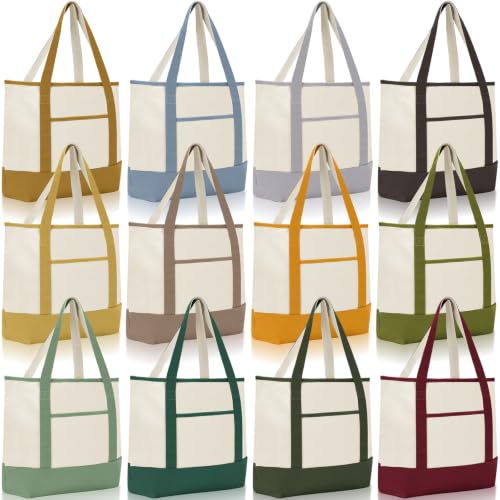 Sanwuta 12 Pack Canvas Tote Bags Bulk with Outer Pockets, Earth Color - color: Earth Color