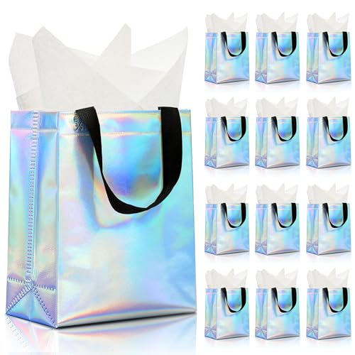 KeerxunBag Holographic Gift Bags - 12pk - Reusable - With Inner Liner Paper - color: iridescent