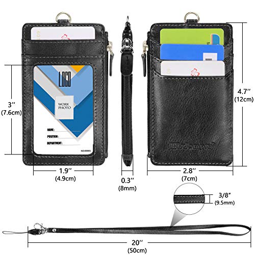 Wisdompro Leather ID Badge Holder Lanyard with Zipper Pocket, Black - color: Black, size: Vertical