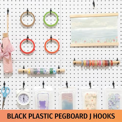 HUHOLE 100PC Black Plastic Pegboard J Hooks for 1/4" Board - color: Black