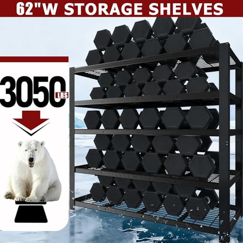 62" W 3050LBS Storage Shelves Unit,5 Tier Heavy Duty Metal Shelving Unit and Storage Large Rack,72" H x62 W x24 D Adjustable Metal Shelving Unit,Garage Shelves for Basement,Warehouse - size: 24x62x72
