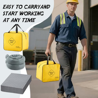 24 Pcs Universal Spill Kit, Portable Complete Emergency Spill Kit, Absorbs Oils Water and More, Yellow Bags, 15 Absorbent Pads, 2 Pcs 3" x 3.3' Sorbent Socks, 5 Disposal Bags, PVC Gloves, 1-Pack