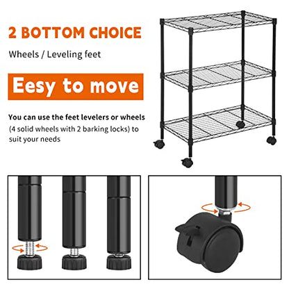 3-Tier Wire Shelving Unit with Wheels, 23 x 13 x 31.3 in, Black - color: Black, size: 3-Tier, 31.3"H × 23"W × 13"D