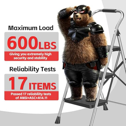 600Lbs Heavy Duty Step Ladder Foldable Folding Stool - for Home Adults Kitchen 3 Stepping Extension Tall with Handrails - Closet Stepstool Stair Ladders Extendable Stepladder for Indoor House - size: 3 Step