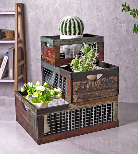 TIMRIS Set of 3 Rustic Wood Nesting Crates, Farmhouse Distressed Wooden Storage Boxes, Decorative Reclaimed Wood Organizer Baskets with Wire Mesh (Random) - size: Set of 3