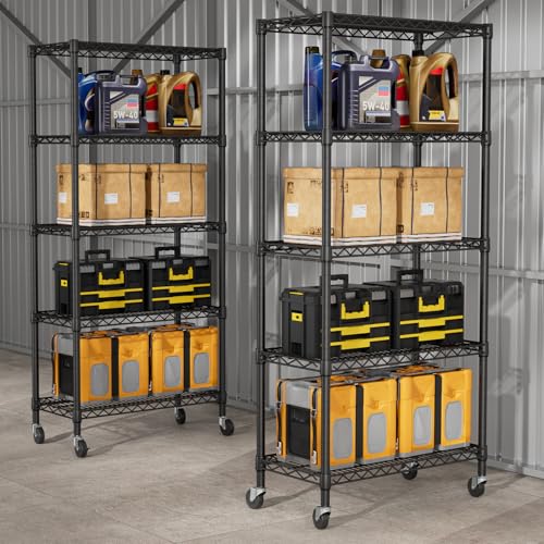 SINGAYE 5 Shelves Storage Wire Shelf Closet Metal Shelving Pantry Wheels - color: Black, size: 5Tier/14"D X 30"W X 70"H