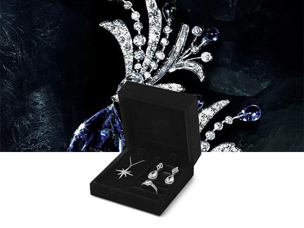 Velvet Jewelry Set Box, Black Velvet Necklace Earring Ring Organizer - color: Black