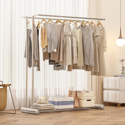59.4" Double Rod Garment Rack, Metal Heavy Duty Freestanding Clothing Rack with Bottom Shelf, Modern Sturdy Clothes Racks for Bedroom, Boutique Retail Display & Laundry Room, Silver - color: silver