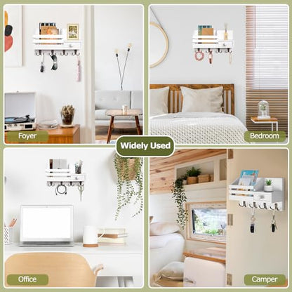 Key Holder Wall Mount, Wooden Key and Mail Organizer, White - color: White