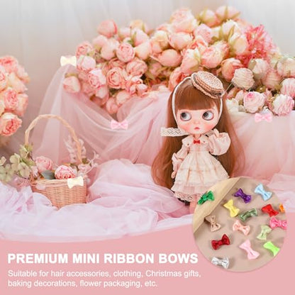 MECCANIXITY 100 Pcs Mini Ribbon Bow 0.8" Mini Fabric Satin Ribbon Flower Bows for Craft DIY Sewing Wedding Birthday Party, Shiny Pink - color: Shiny Pink