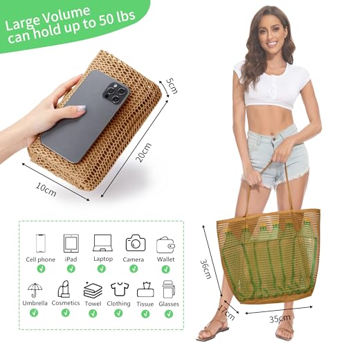 KALIDI Beach Mesh Tote Bag, Casual MAX 23L Summer Foldable Hobo Bag Women - color: Beige Khaki