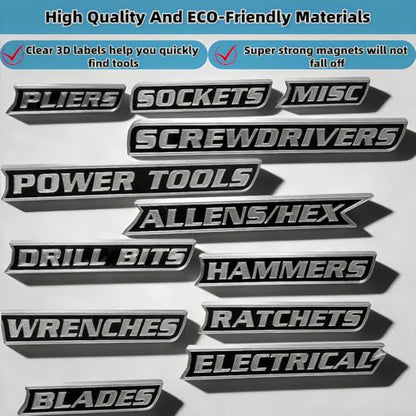 12Pcs 3D Printed Magnetic Toolbox Labels for Metal Drawers, Cabinets, Carts