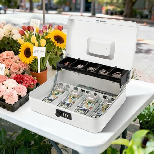 Jssmst Metal Cash Box with Money Tray and Lock, Portable Cash Drawer, 11.8" - color: White Code-A