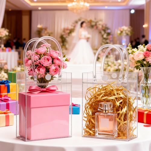 IANFAN 60 Pcs Clear Gift Bags with Handles, Transparent Reusable Tote Bags Plastic Small Gift Wrap for Mother's Day, Boutique, Wedding, Birthday, Baby Shower Party (5.1 x 5.9 x 2.7 Inch)