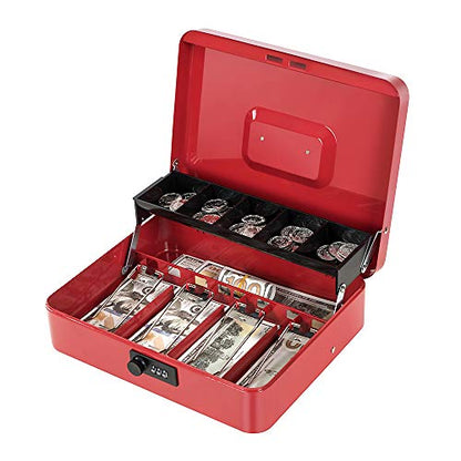 Cash Box with Money Tray and Combination Lock, Metal Money Box for Cash Register, Tiered Lock Box for Money 11.8" x 9.4" x 3.54" Red - color: Red with Combination Lock