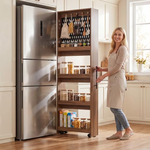 Pull Out Pantry Storage Cart Next to Fridge, Rolling Utility Cart on Wheels - color: Brown&black
