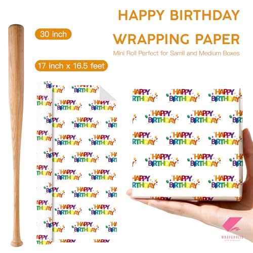WRAPAHOLIC Happy Birthday Wrapping Paper Roll - Mini Roll - 17 Inch x 16.5 Feet - Colorful Rainbow Birthday Wrapping Paper with Balloons and Confetti Design for Kids Boys Girls Teens Adults - color: Happy Birthday - Colorful Rainbow