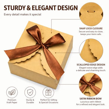 WEWILUCK Brown Kraft Gift Boxes with Ribbons, 8 Pack, 6 x 6 x 3 Inches - color: Brown, size: Medium-Large 6"x6"x3" (8 Pack)