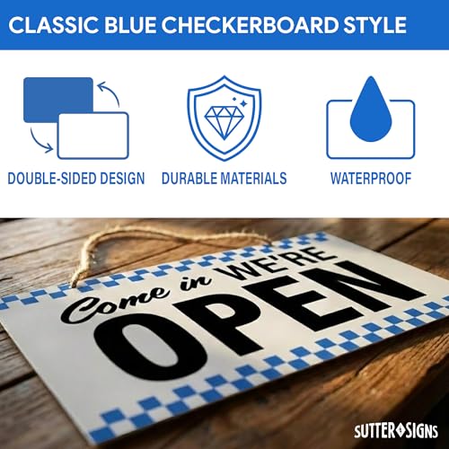 Open Closed Sign for Business, 10" x 6" (Blue Checker) - color: Blue Checker