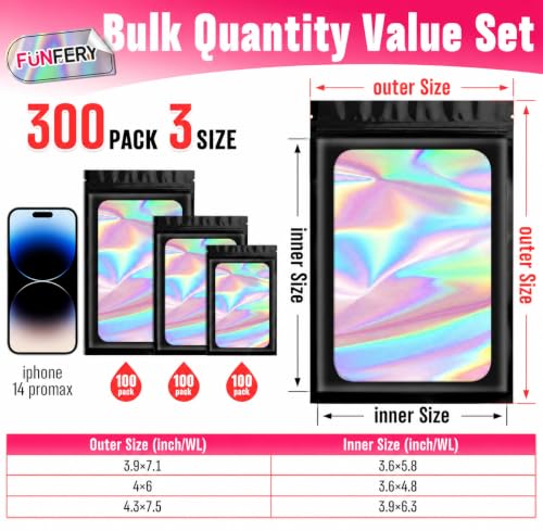 Funfery 300 Pack 3 Size Mylar Holographic Bags with Clear Window,Black - color: Black, size: 3.9x7.1+4x6+4.3x7.5 Inch