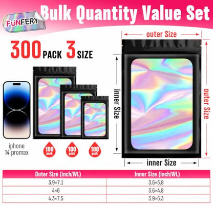 Funfery 300 Pack 3 Size Mylar Holographic Bags with Clear Window,Black - color: Black, size: 3.9x7.1+4x6+4.3x7.5 Inch