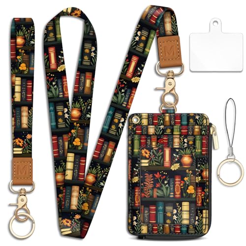 Piefly Plant Book Shelf Lanyard Wallet with ID Badge Holder Small Slim RFID - color: Plant Book Shelf