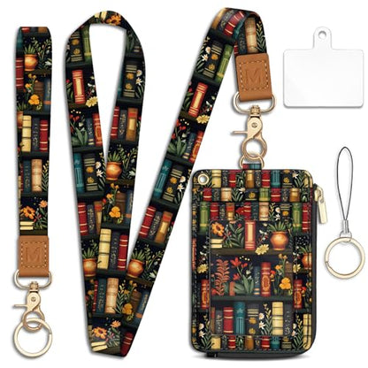 Piefly Plant Book Shelf Lanyard Wallet with ID Badge Holder Small Slim RFID - color: Plant Book Shelf