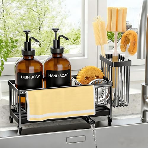 Kitchen Soap Dispenser Set with Sponge Holder and Towel Rack, 17OZ Glass Bottle, Hand and Dish Soap Dispenser Set, Non-Slip Silicone Pad, Brush Holder, Kitchen Sink Caddy Organizer Countertop (Amber) - color: Amber