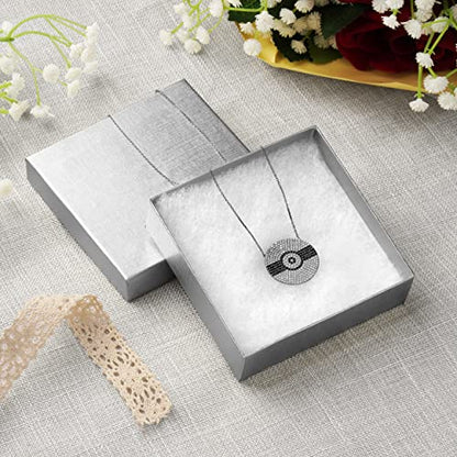 Cardboard Jewelry Boxes 10 Pack - 3.5"x3.5"x1" Bulk Cotton Filled Small Gift Boxes with Lids for Jewelry Packaging (Silver Linen) - color: Silver Linen