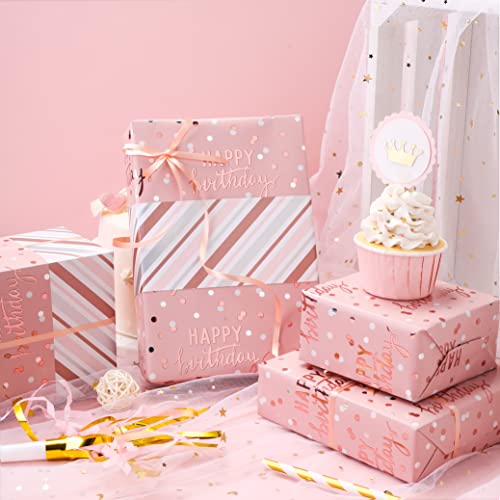 LeZakaa Reversible Pink Birthday Wrapping Paper Roll for Girls Women, Happy Birthday Lettering & Stripe Pattern with Metallic Foil in Pink, Mini Roll, 17 inches x 32.8 Feet (46.45 sq.ft.) - color: Birthday - Metallic Pink, size: 17" X 32.8 ft