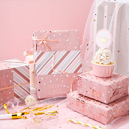 LeZakaa Reversible Pink Birthday Wrapping Paper Roll for Girls Women, Happy Birthday Lettering & Stripe Pattern with Metallic Foil in Pink, Mini Roll, 17 inches x 32.8 Feet (46.45 sq.ft.) - color: Birthday - Metallic Pink, size: 17" X 32.8 ft