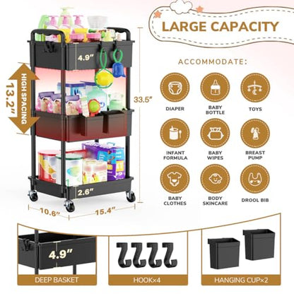 Goovilla Diaper Cart with Lockable Wheels and Easy Assembly, 3 Tier Black - color: Black