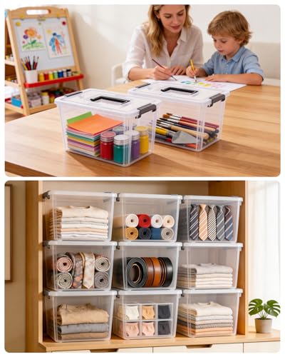 Citylife 4 Packs Plastic Storage Bins with Latching Lids Clear Storage Box with handle Stackable Storage Containers for Organizing Toys, Crafts, Tools - size: 6QT