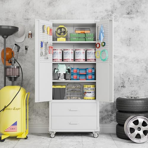 Metal Garage Storage Cabinet with Wheels, 2 Drawers and Pegboard, White - color: White, size: 15.2"D x 30"W x 71.2"H