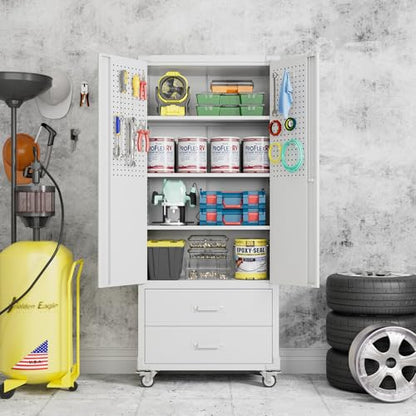 Metal Garage Storage Cabinet with Wheels, 2 Drawers and Pegboard, White - color: White, size: 15.2"D x 30"W x 71.2"H