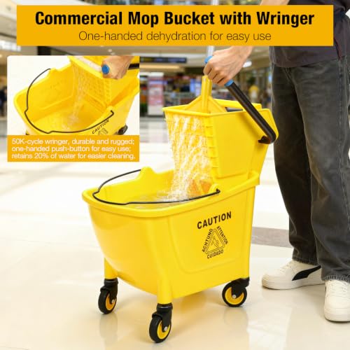 35Qt Commercial Mop Bucket with Side Press Wringer on Wheels Yellow