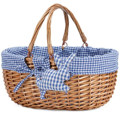 G GOOD GAIN Wicker Picnic Basket with Double Folding Handles,Willow Picnic Hamper,Natural Hand Woven Easter Basket,Easter Eggs and Candy Basket,Bath Storage,Gift Packing Basket.Blue - color: Blue