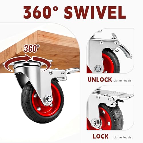 4 Inch Caster Wheels Heavy Duty with Dual-Lock Safety Brake and Rubber Tire Wheels, Heavy Duty - 300 Lbs Per Caster for Workbench, Trolley, Cabinet, Swivel Rubber Wheel 4-Packs with mounting Hardware - size: 4 Inch