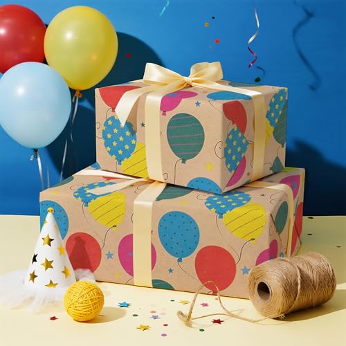 WRAPAHOLIC Kraft Wrapping Paper Roll - Striped Brown Kraft Paper for Birthday Gift Wrapping - 17in x 16in Each Roll, Total 23 Sq. Ft. - Birthday Balloon - color: Birthday Balloon, size: 1 Roll (Pack of 1)