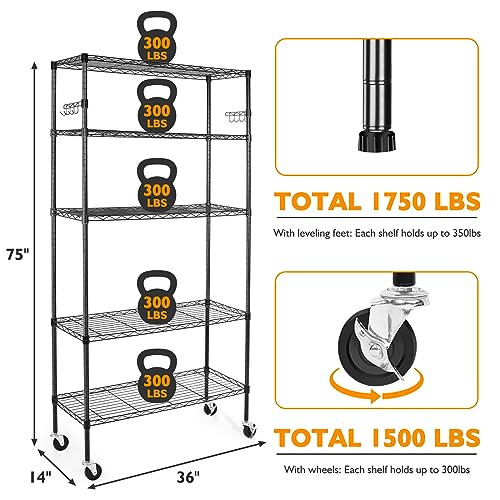 BolDuck 5 Tier Storage Shelves with Wheels, 1750lbs Capacity Heavy Duty Shelving Units, 14x36x75inch Adjustable Metal Shelf Wire Shelving Rack for Garage, Kitchen, Office, Black - size: 5 Tier Shelf