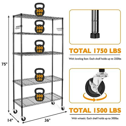 BolDuck 5 Tier Storage Shelves with Wheels, 1750lbs Capacity Heavy Duty Shelving Units, 14x36x75inch Adjustable Metal Shelf Wire Shelving Rack for Garage, Kitchen, Office, Black - size: 5 Tier Shelf