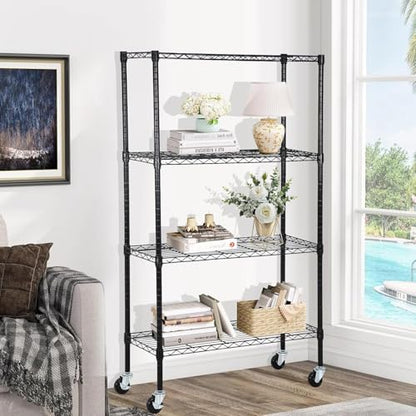 Meet perfect 4-Tier Wire Shelving Unit with Wheels, 36 x 14 x 62 in, Black - color: Black, size: 4-Tier, 62"H × 36"W × 14"D