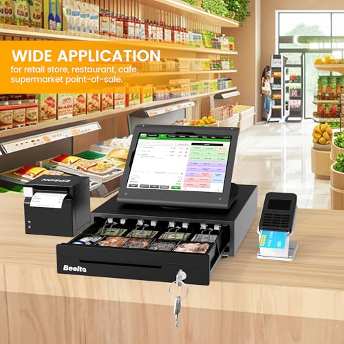 13" Cash Register Drawer for Small Business, 4 Bill/5 Coin with Check Slot, Steel Construction, Works with POS, Includes Keys & RJ11/12 Cable, Black - color: Black