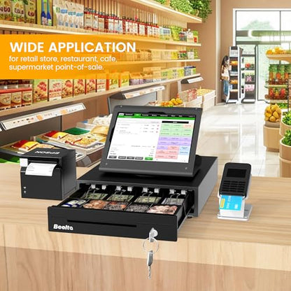 13" Cash Register Drawer for Small Business, 4 Bill/5 Coin with Check Slot, Steel Construction, Works with POS, Includes Keys & RJ11/12 Cable, Black - color: Black
