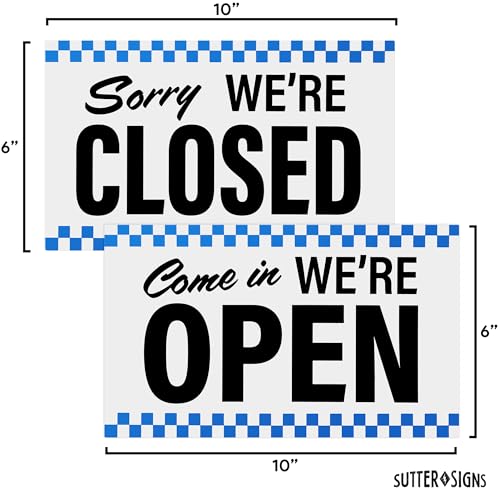Open Closed Sign for Business, 10" x 6" (Blue Checker) - color: Blue Checker