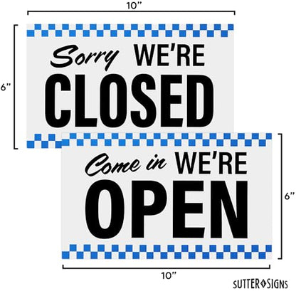 Open Closed Sign for Business, 10" x 6" (Blue Checker) - color: Blue Checker