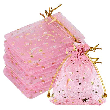 SUMAJU 100 Pieces Moon Star Organza Jewelry Candy Bags 2.7x3.5 Inch - color: Pink 2.7x3.5 Inch