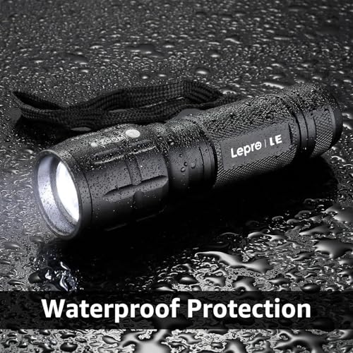 Lepro LED White Light Flashlight, High Lumens Waterproof Adjustable Focus - color: Black