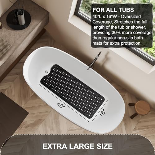 TEESHLY Bath Tub and Shower Mats, Non Slip 40 x 16 Inch Extra Long Bathtub Mat, Machine Washable Bathmat with Drain Holes, Suction Cups for Bathroom Floor, Black - color: Black